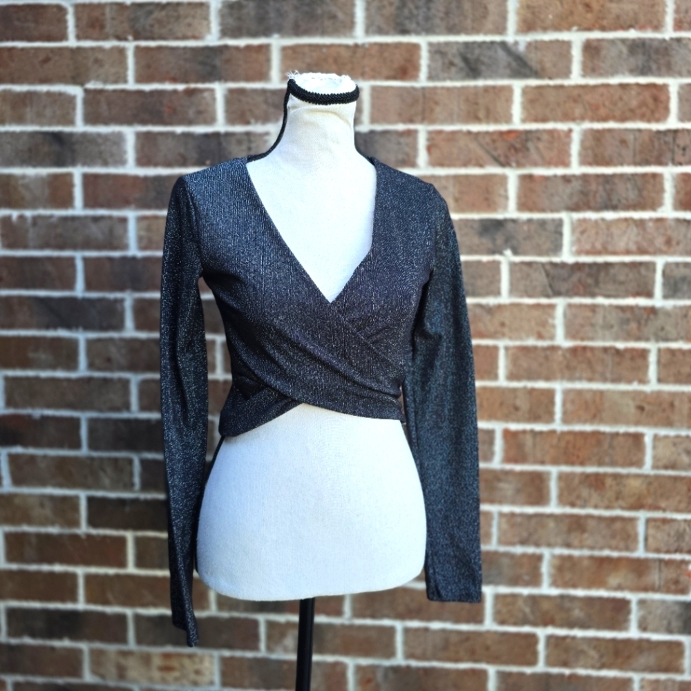 H&M Shimmer Metallic Wrap Crop Top Long Sleeve Party Blouse M